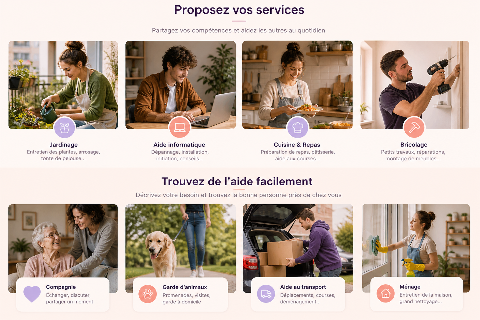 Illustration RendreService avec des exemples de services à proposer et de demandes d’aide : jardinage, aide informatique, cuisine, bricolage, compagnie, animaux, transport et ménage